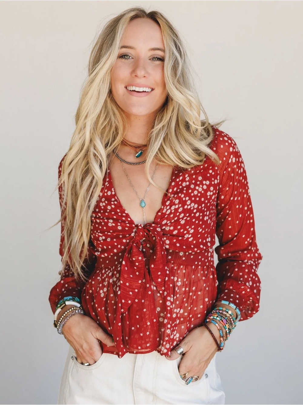 Three Bird Nest Red Polka-Dot Tie-Front Blouse